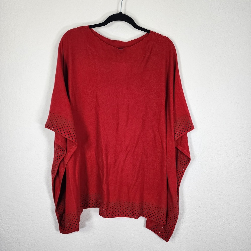 CHICO'S Rhinestone Embellished Poncho Sweater Women's Size S/M Red Cotton Blend